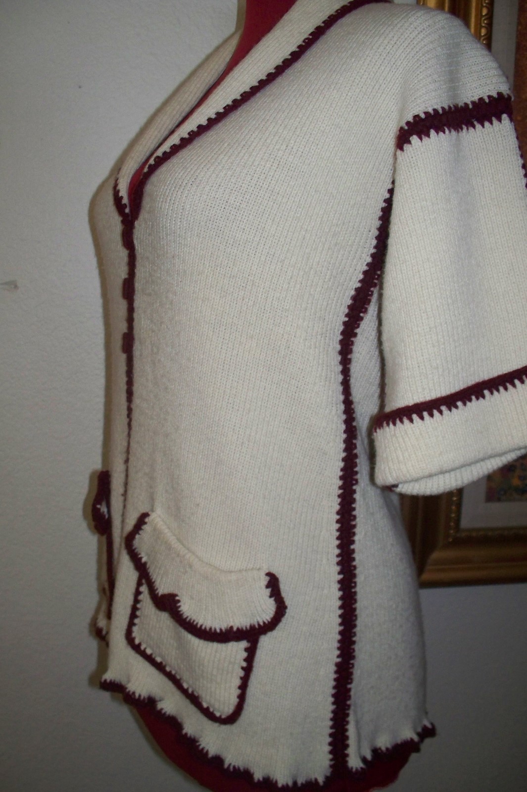Vintage Hippie Bohemian Knit Burgundy & Off White 2 Tone Women’s Sweater sz L