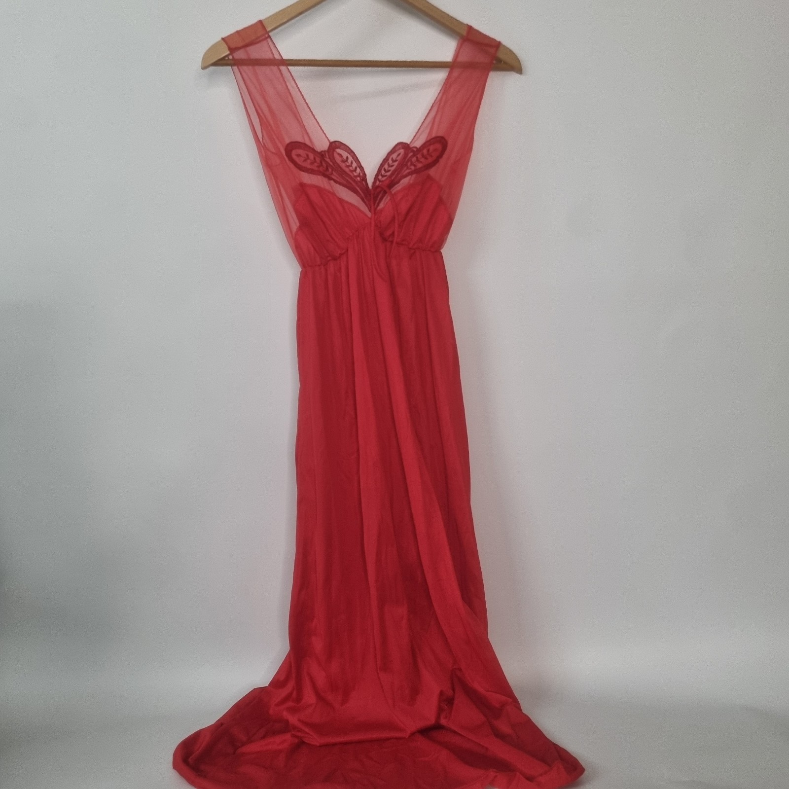 VTG Avian Red Nylon Lace Sheer Nightgown Gown Long Deep V USA Sexy Chiffon Sz S