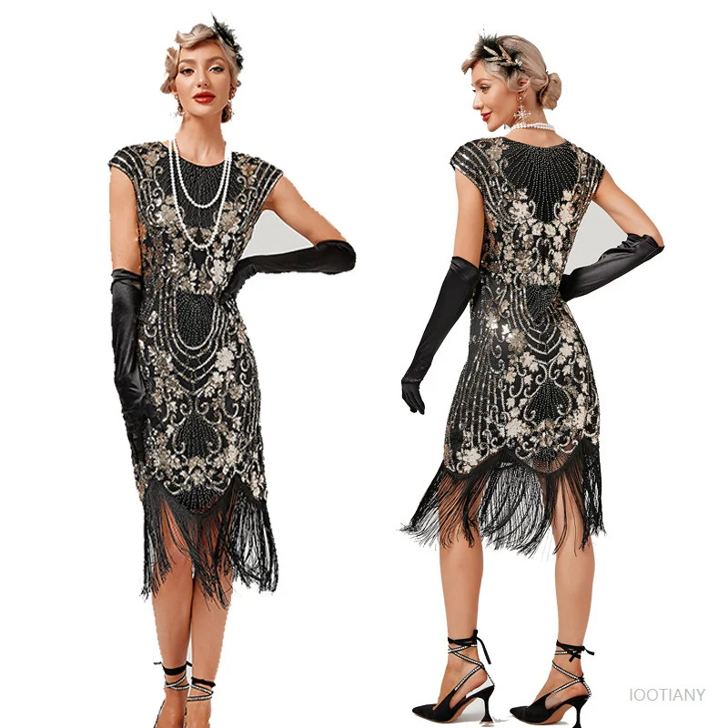 Womens 1920s Vintage Dress Court Trend Double Round Neck Sleeveless Beaded