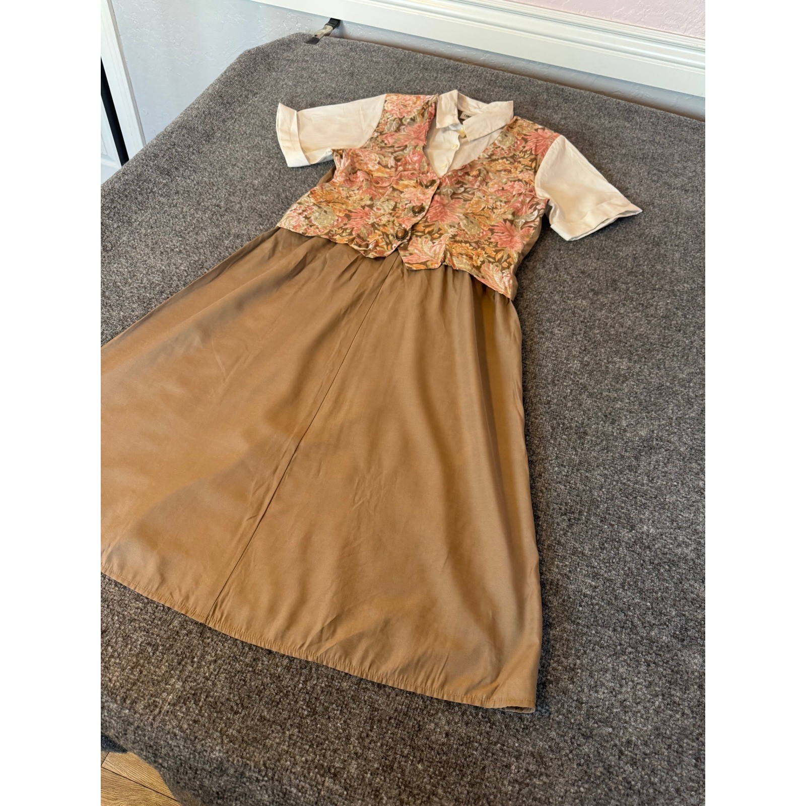 VTG Carole Little Floral Vest Layered Midi Dress Tan Pink 90s Cottagecore SZ 10
