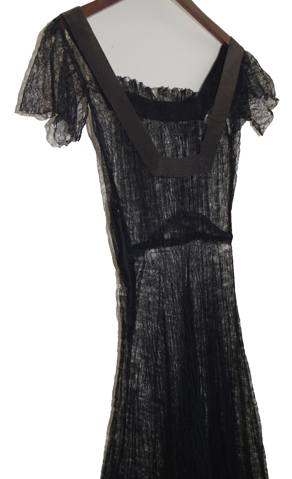 T3 ANTIQUE 1920’S SHEER BLACK French Lace Long DRESS Hand Sewn Grosgrain Ribbon