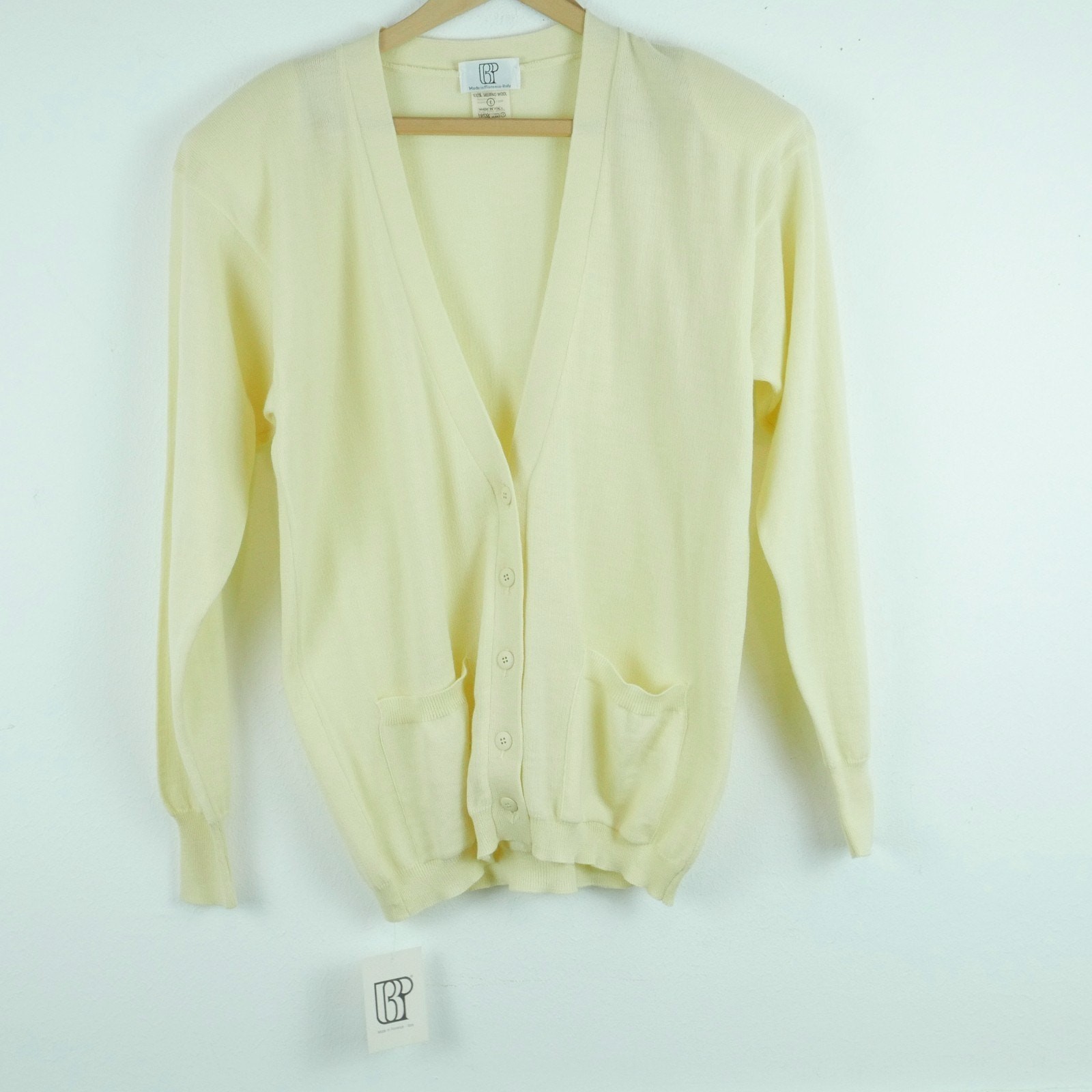 Vintage Large Cardigan Merino Wool Butter Yellow Pastel 90s Minimal Soft Girl