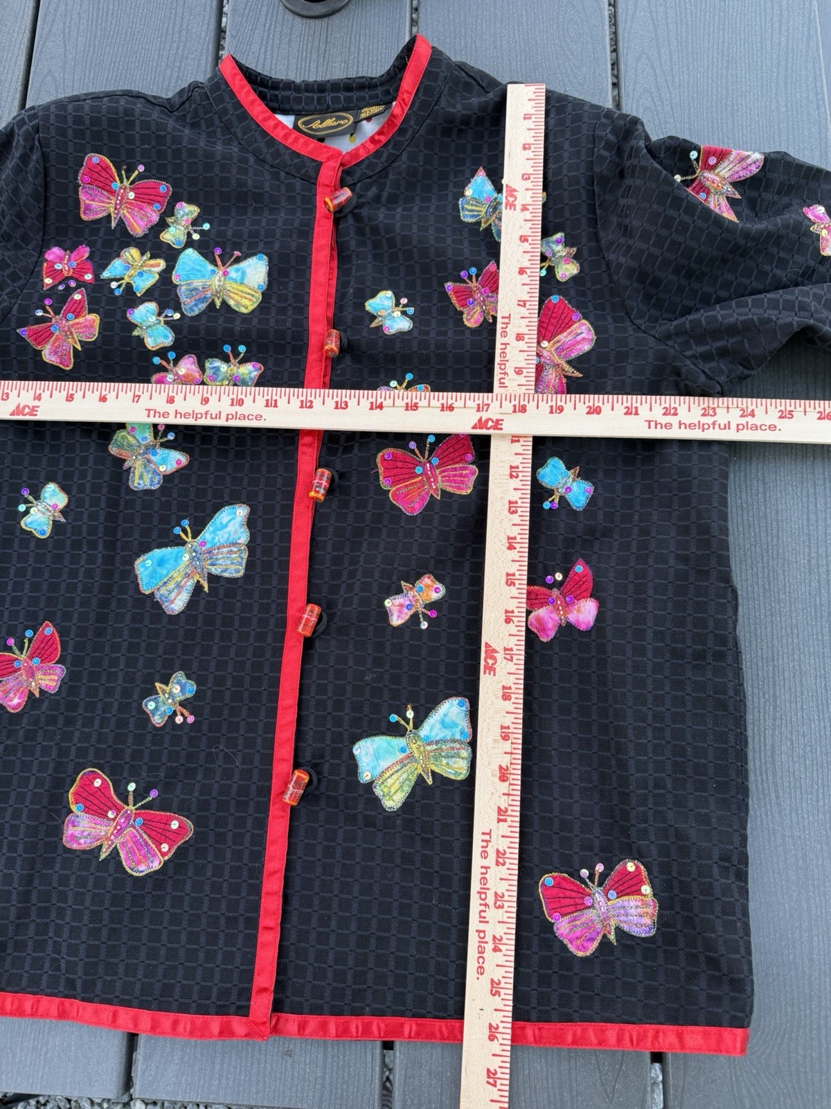 Vintage 80s Allure black embroidered butterflies sequins Asian blazer L glitter