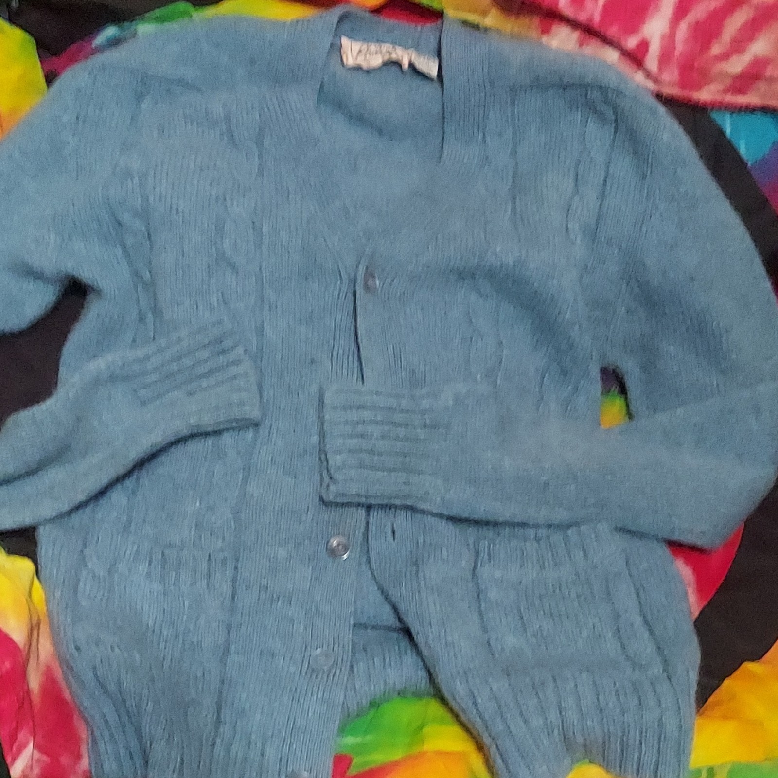 retro grandma vibes. true vintage sky blue virgin wool cardigan. made in u.s.a.