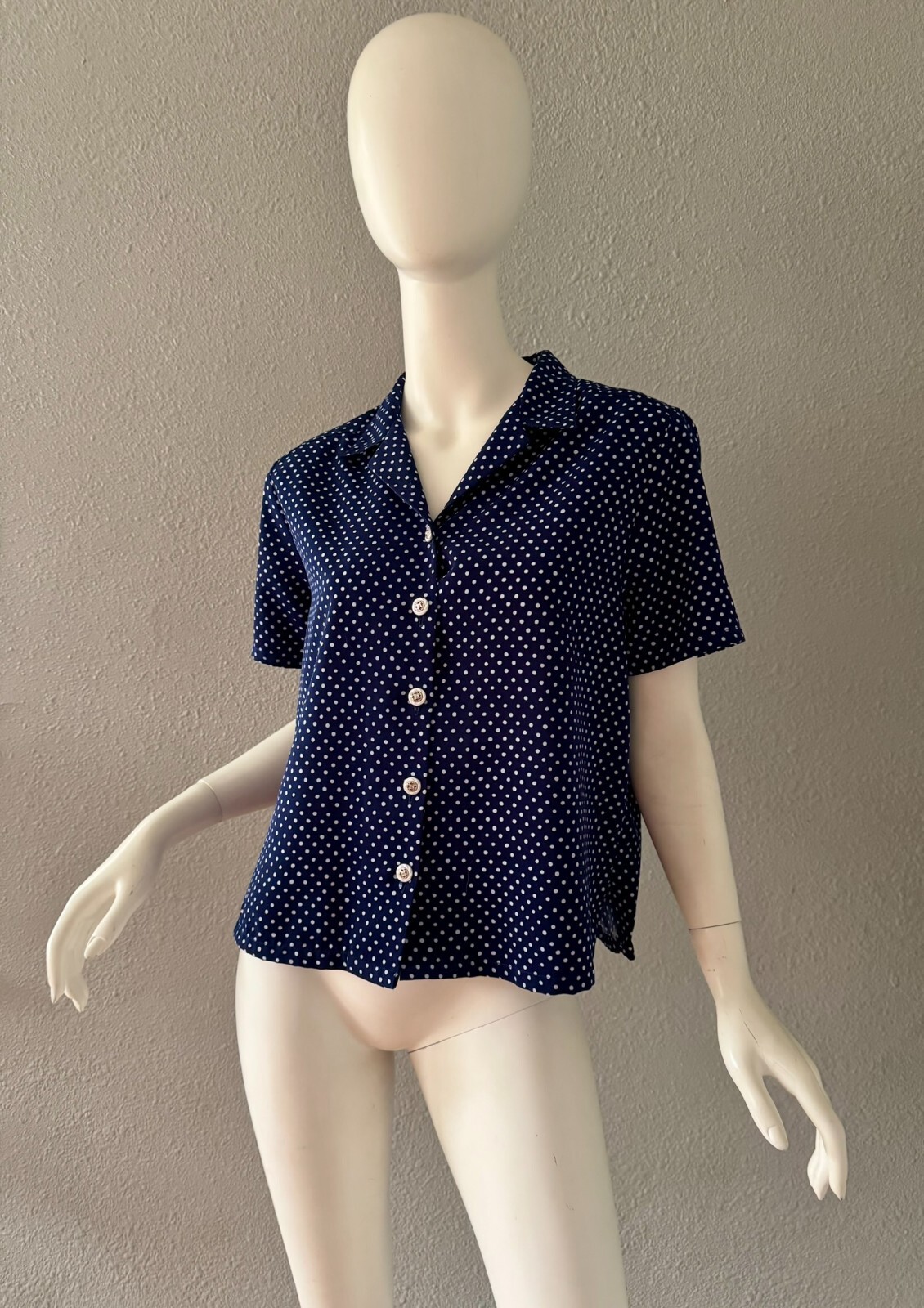 Vintage 80s Navy Blue Polka Dot Nautical Boxy Button Top Blouse M