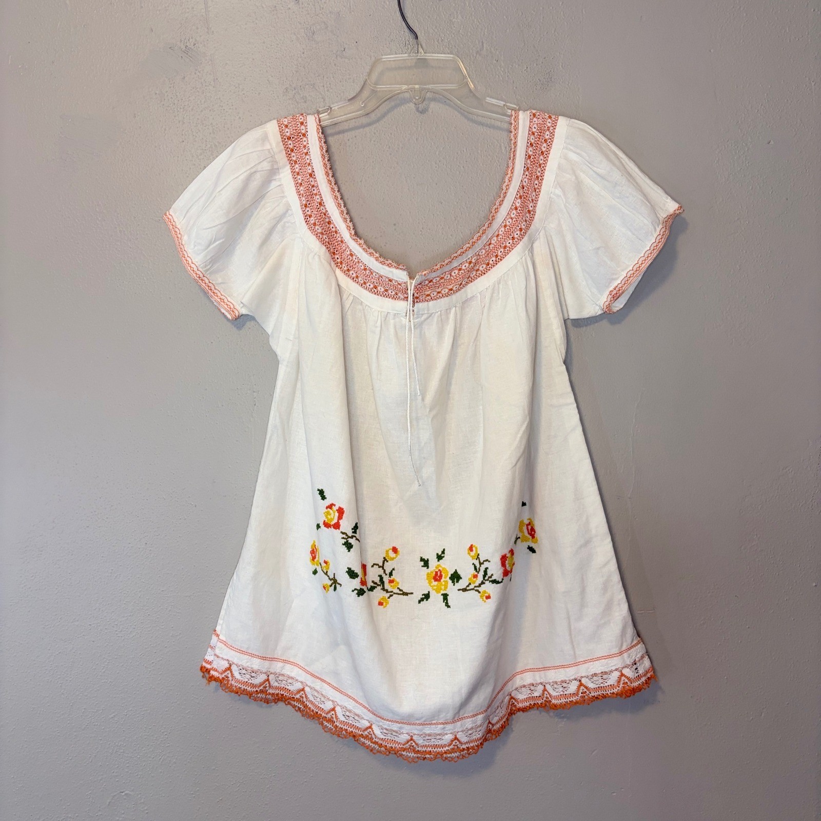 Vintage 70s White Cotton Peasant Blouse Floral Embroidery Orange Lace Boho Top M