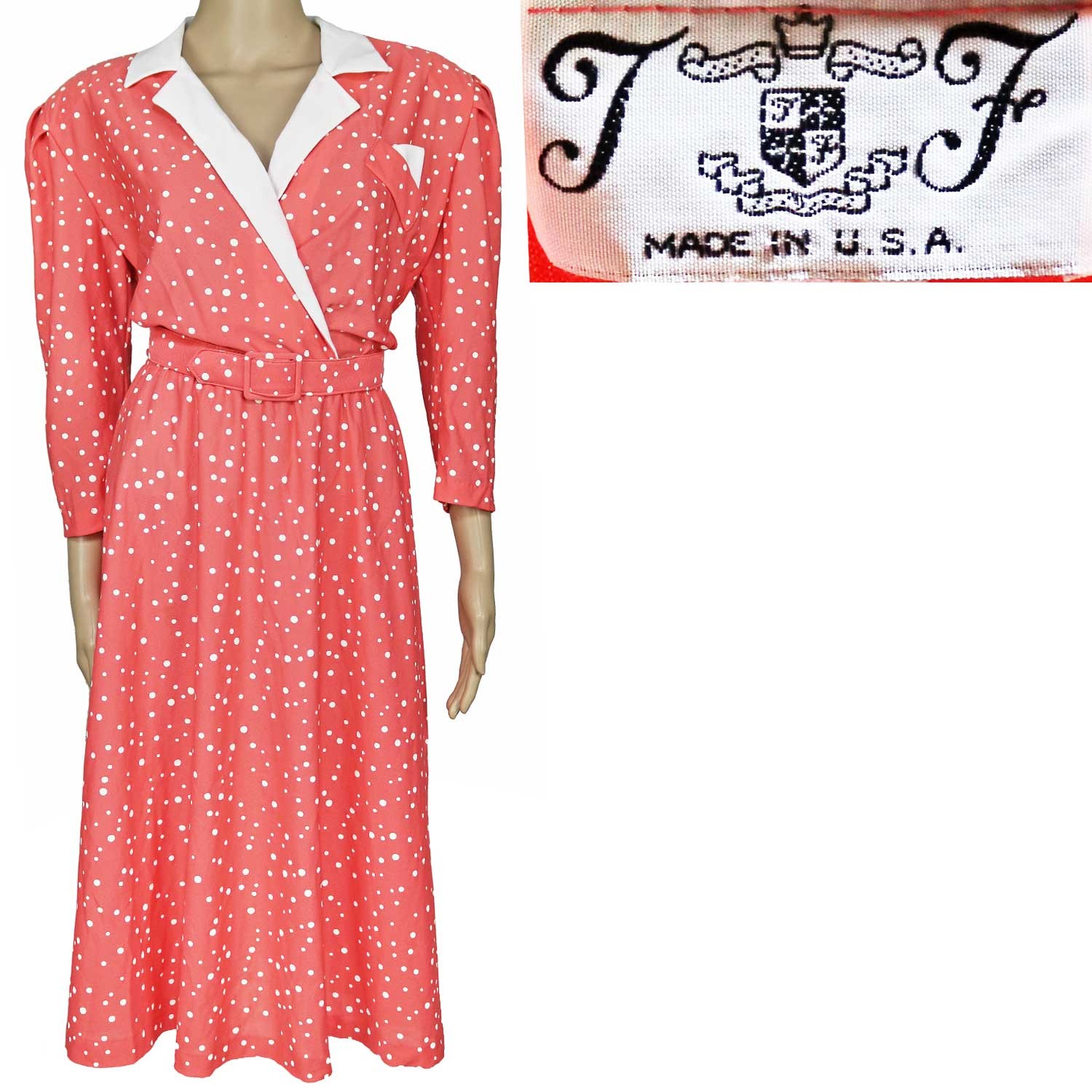 1980s Vintage Midi Day Dress 1940s Swing Style Coral Pink White Dot Easter 14
