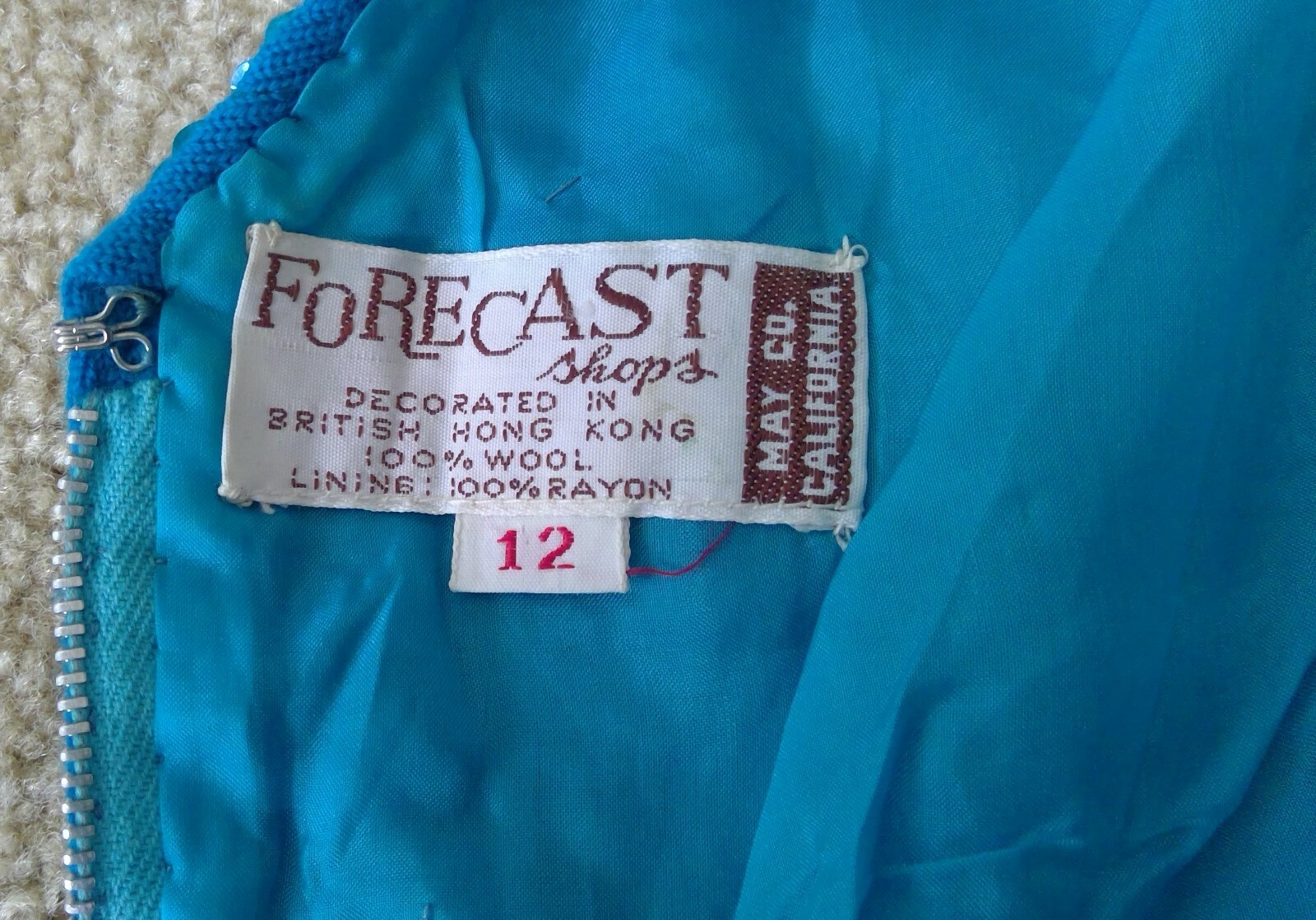 Vtg Forecast Shops Top Blue Sequin/Beads Zipper Back Sz 12 British Hong Kong