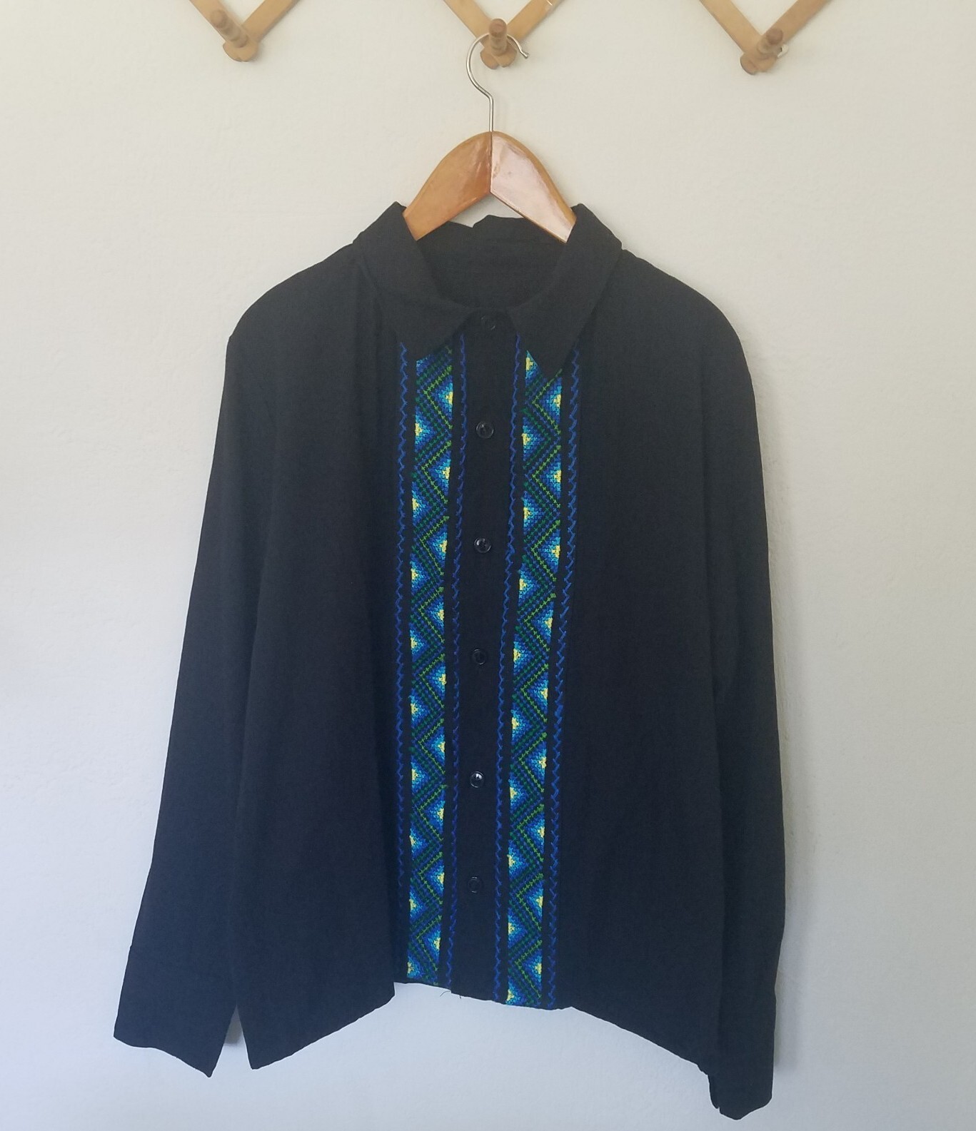 Bohemian Hippie Festival Wear Embroidery Casual Button Down M/L Blue Unisex
