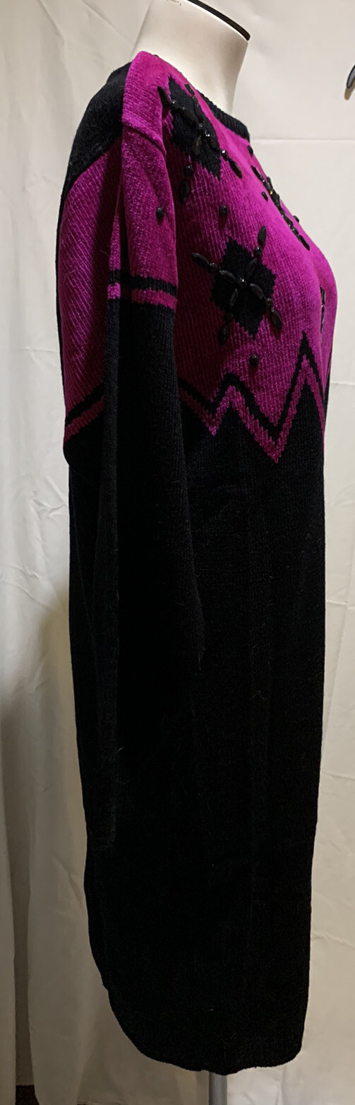 ❤️Vintage Plain Jane Knit Sweater Dress Hot Pink & Black With Sparkles Acrylic M