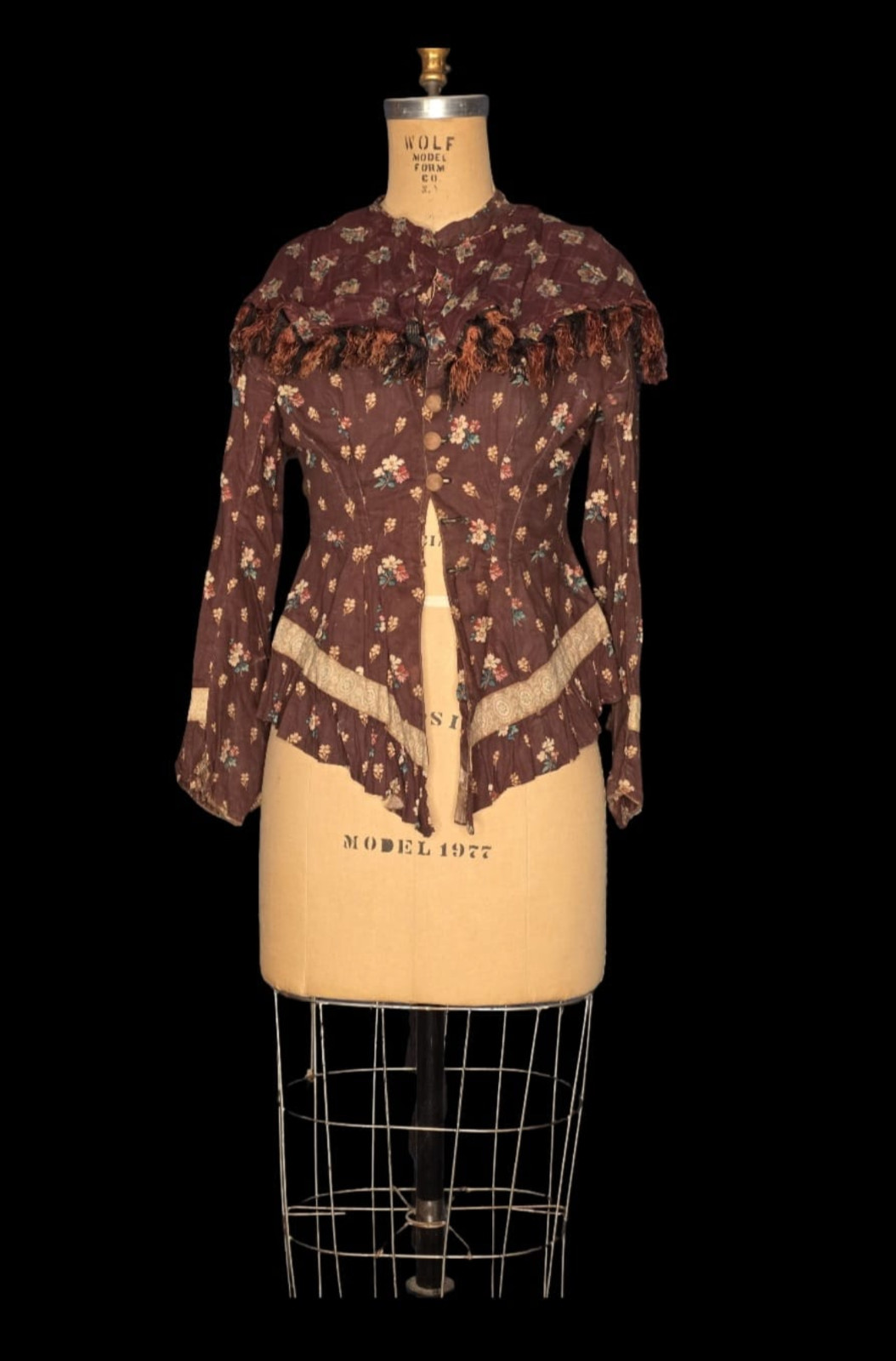 Antique 1880s Victorian Floral Calico Bodice Jacket Fringed Shoulder Capelet 28