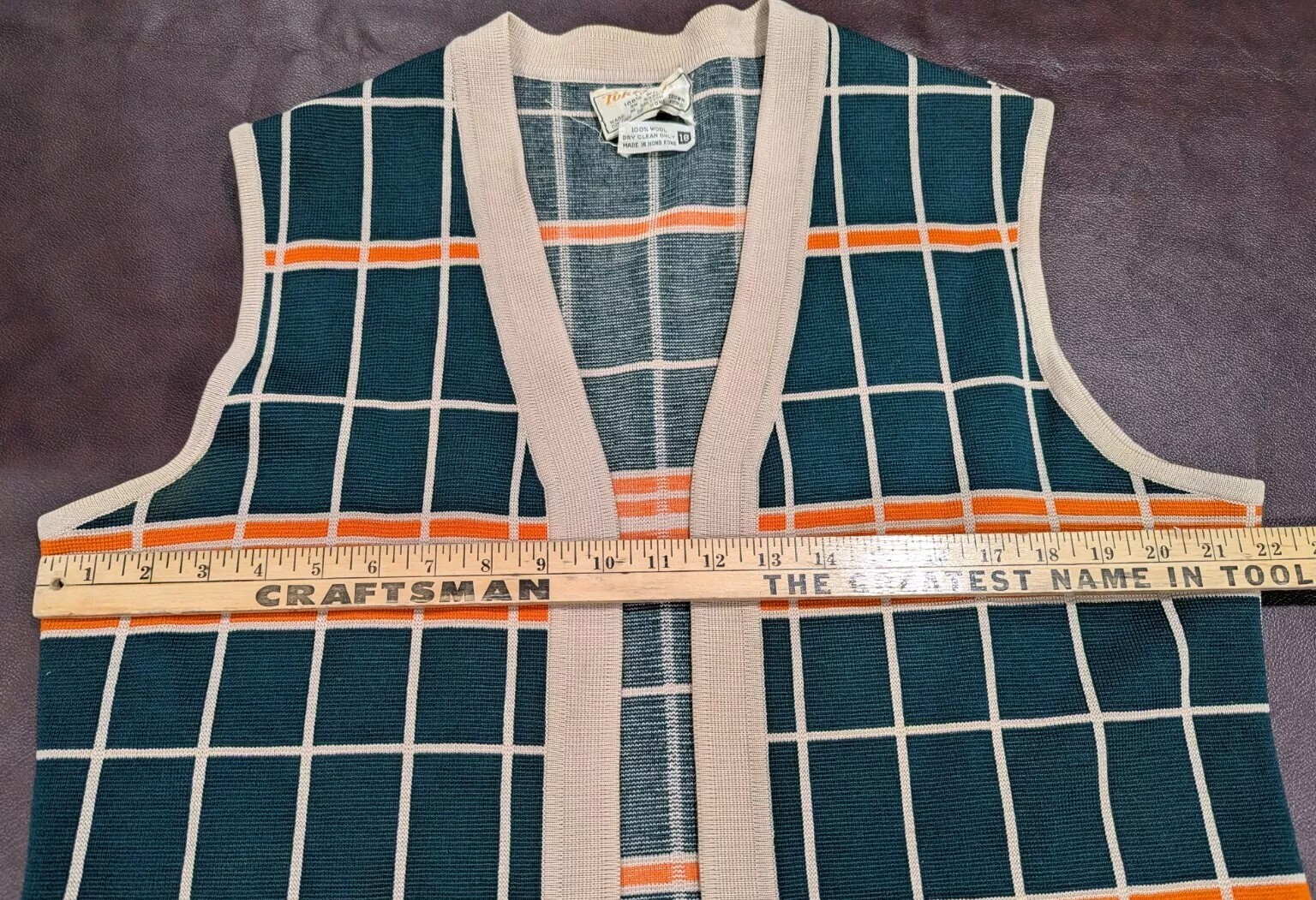 Vintage Tokki Tu 100% Wool Knit Vest Womens 18 (XL) Checkered Green Hong Kong