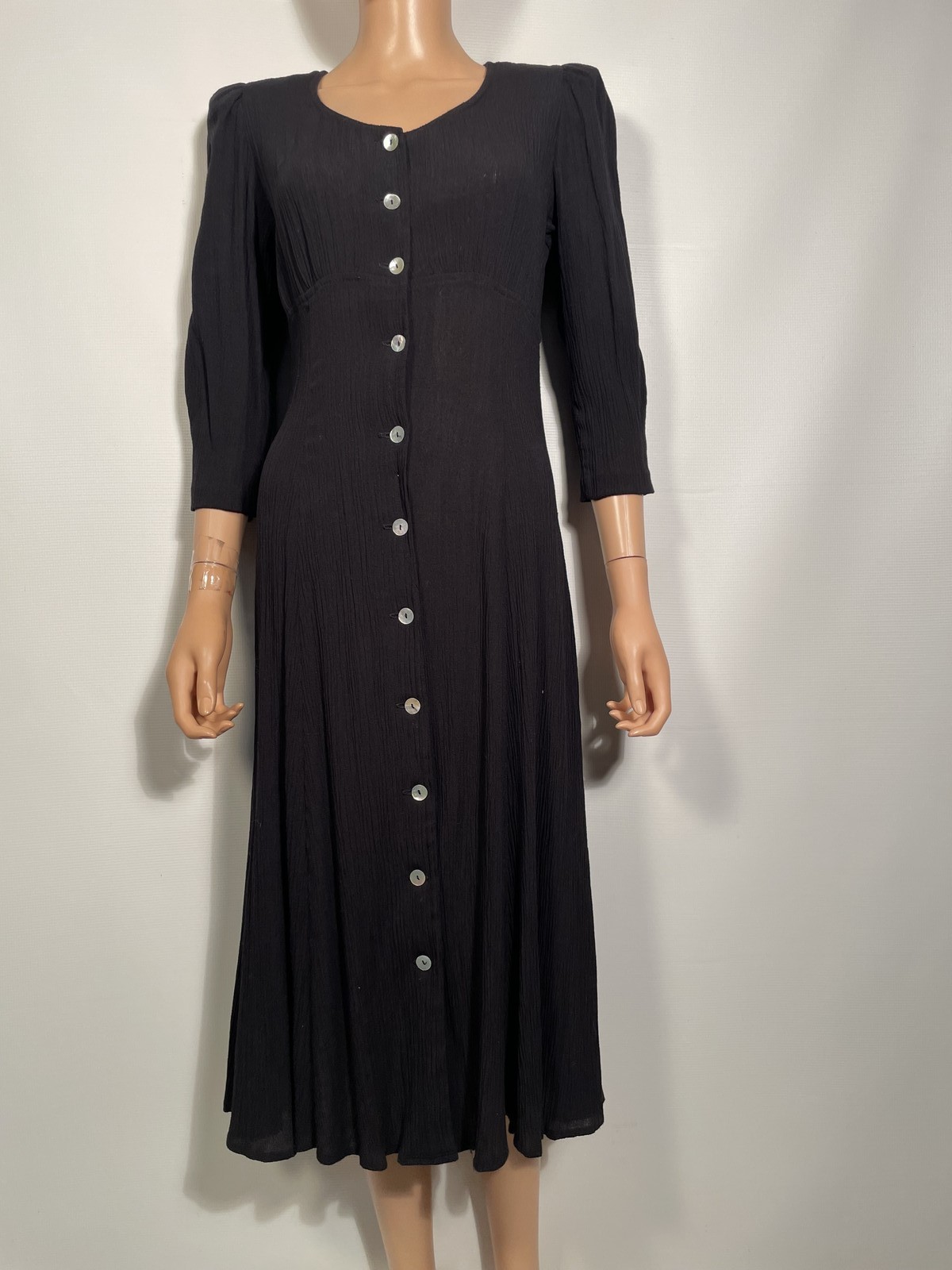 Vintage 1990s Button Front Black Midi Dress Made In USA Size M