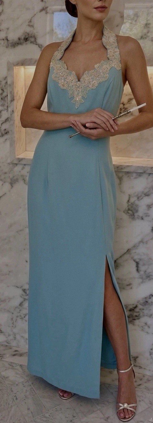 Vintage Roberta Seafoam Blue Halter Evening Gown Beaded Lace Slit Dress 11/12