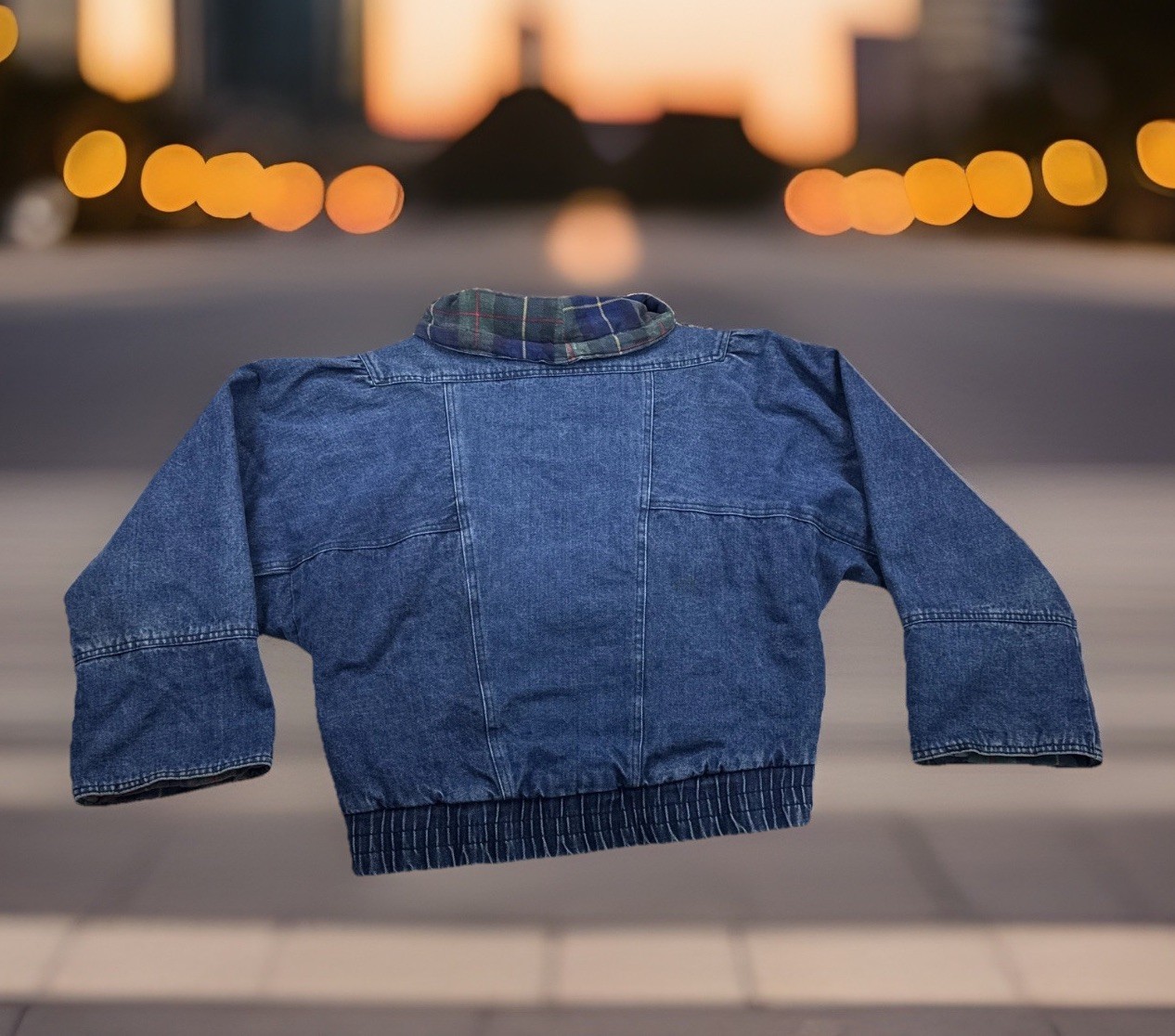 Vintage Jean Oversized Bomber Jacket with Tartan Plaid Lining Boyfriend