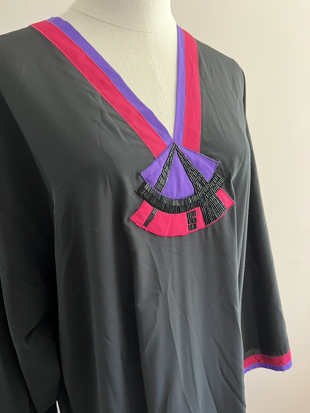 Vintage Designer Long Caftan Bill Tice Slinky Black w/ Pink Purple Beads Pockets