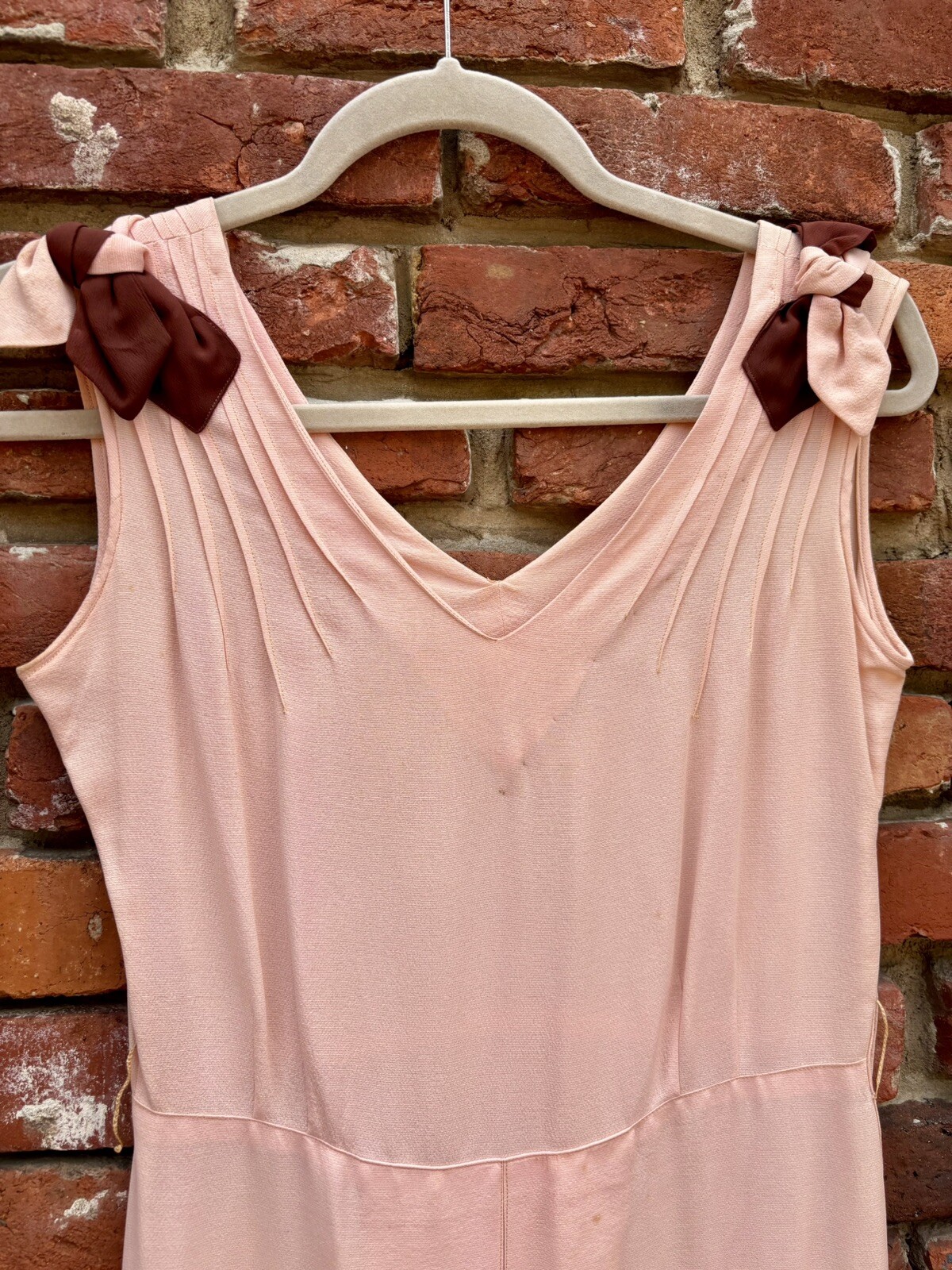 Antique Vintage 1930s Silk Rayon Pink & Brown Sleeveless Dress w/ Belt AS IS