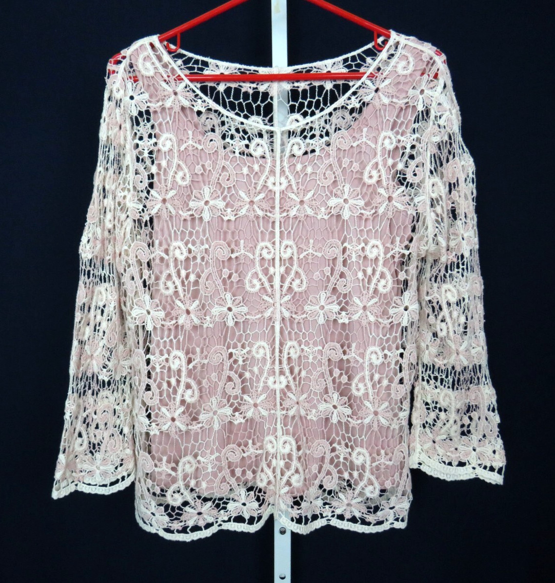 VTG 1980s 90s OSCAR DE LA RENTA ACTIVE FLORAL CROCHETED LACE TOP CREAM MAUVE
