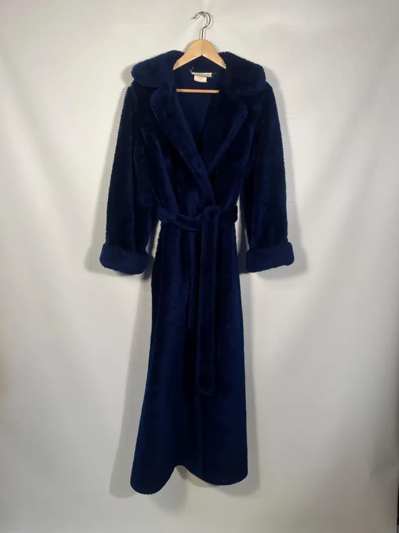 Vintage 1970s Plush Fuzzy Dark Blue Robe Made In USA Size M