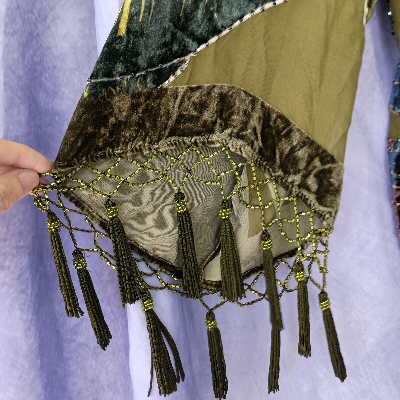 Chico’s Vintage Olive Silk Velvet Burnout Tassel Beaded Kimono