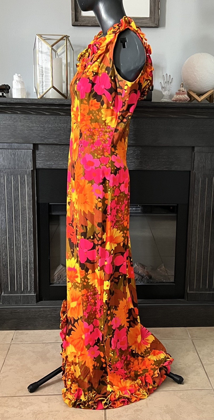 Sun Fashions Hawaii Honolulu Vintage 70s Psychedelic Hawaiian Tiki Maxi Dress M