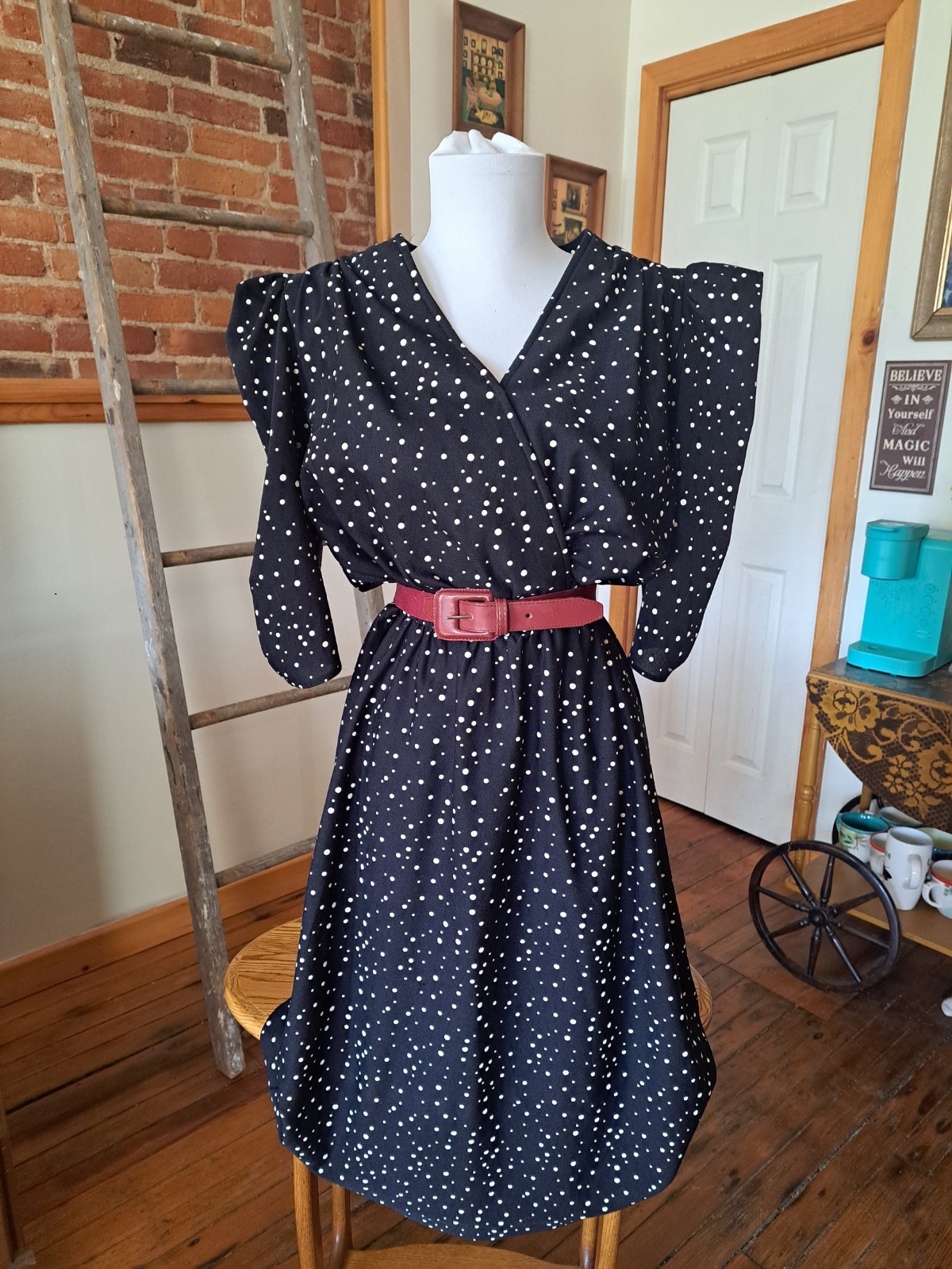 VTG 70s JC Penney Fashions Black & White Polka Dot Below Knee V Neck Dress Sz L