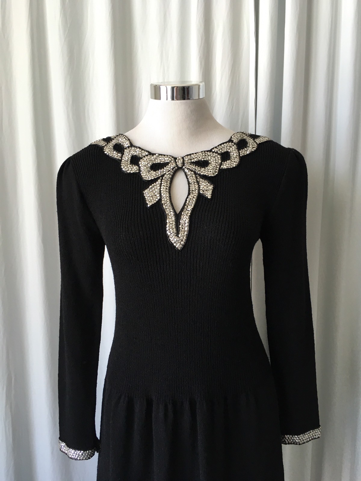 Vintage 70s DON SAYRES Knit black Dress Sequins Bow Bib S/M