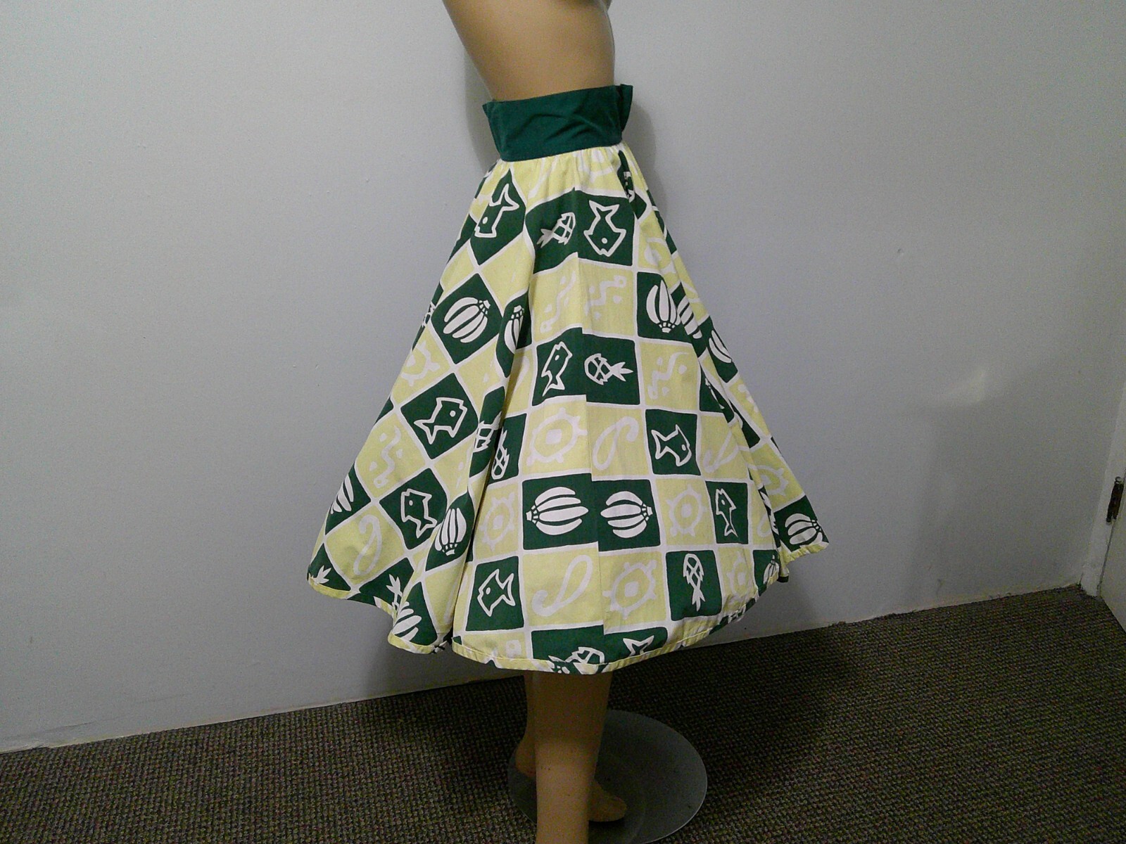 Vtg 50s Comida CARIB Elverhoj Handprint Novelty Cotton Full Circle Skirt Swing S