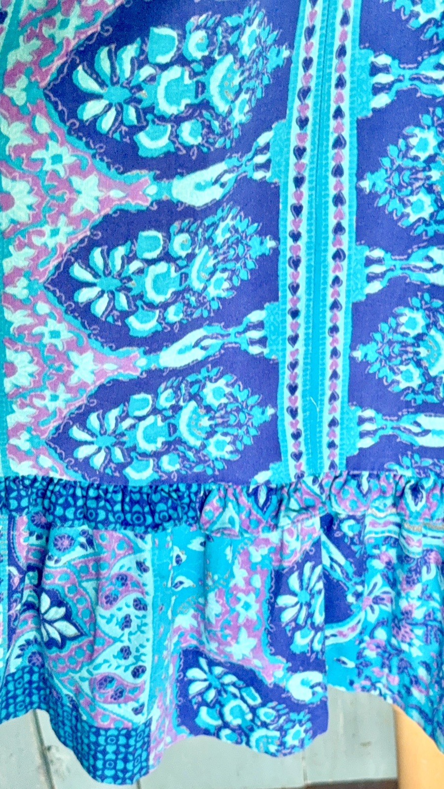 VTG Gerry CA Barkcloth Muumuu Patio Lounge Dress Rainbow Batik Psychedelic Mod M