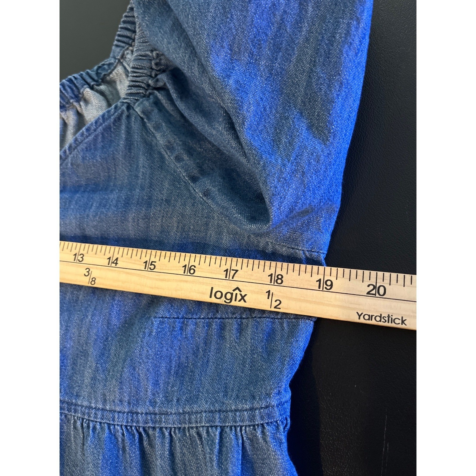 Old Navy Tiered Blue Denim Blouse Medium Puff Sleeve Babydoll Cottagecore