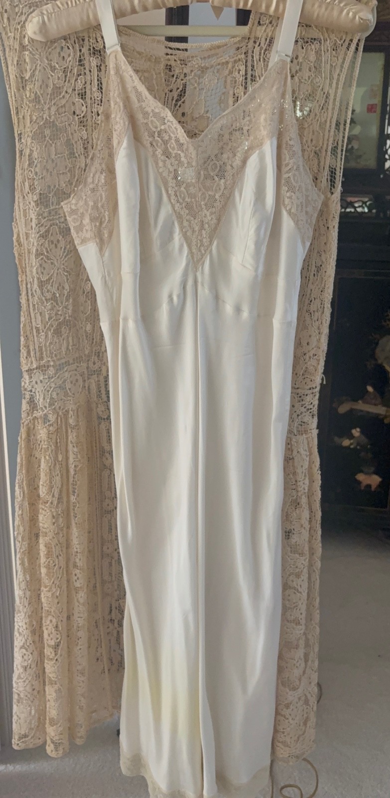 Vintage Mid 1920’s Flapper Embroidered Net Dress with Slip in Ecru/Ivory Medium
