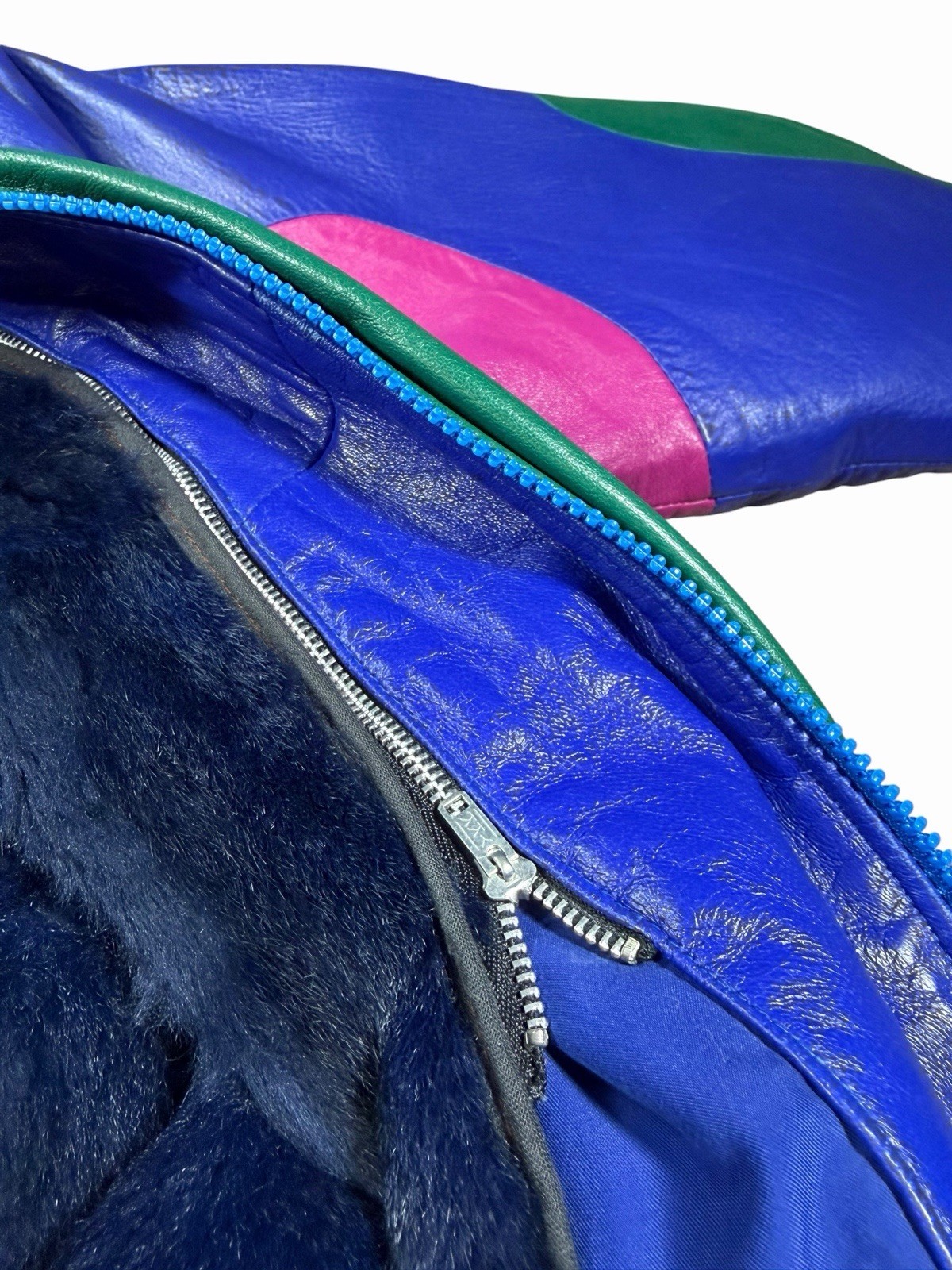 Vintage 80s Pano Sereti Color Block Leather Bomber Jacket Blue Green Pink Large