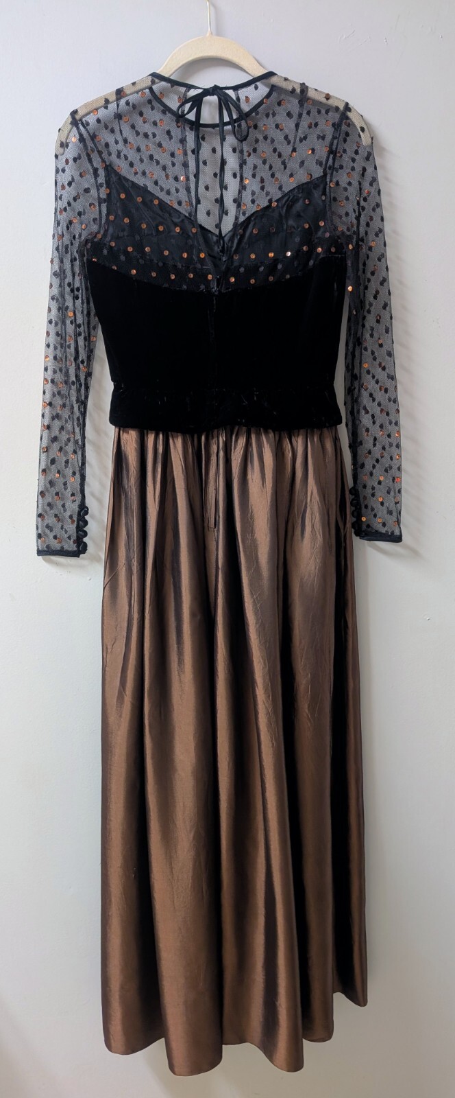Vtg 70’s Joan Leslie By Kasper Velvet Bronze Taffeta Net Sequins Maxi Dress XS