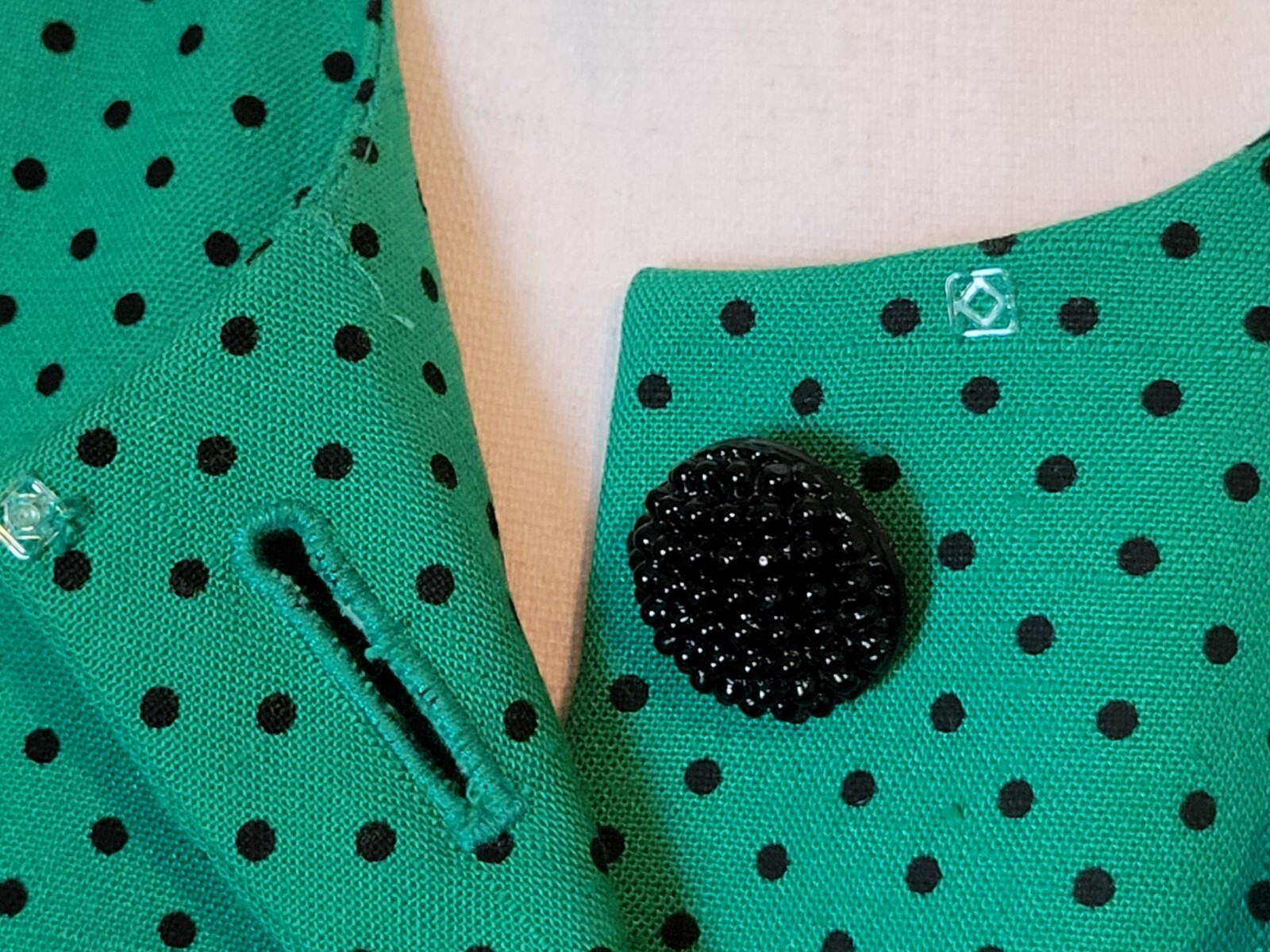 50s Style Jacket Green w/ Black Dots, Shortsleeve Button By Kasper for ASL Sz 4P