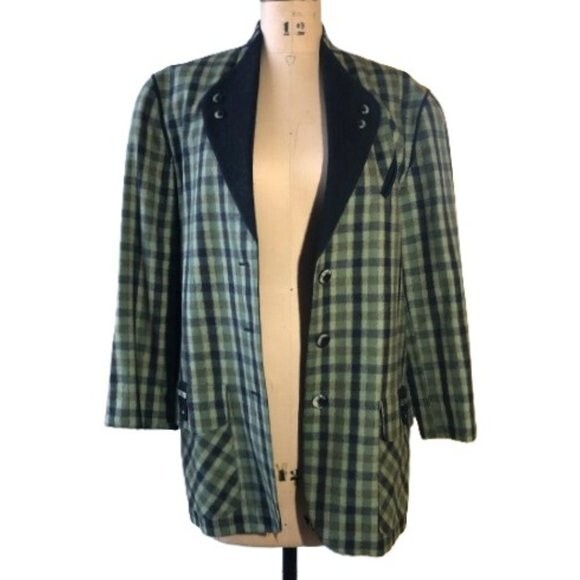 Vintage 90s wool checkered olive green and black blazer jacket, Plus size XL