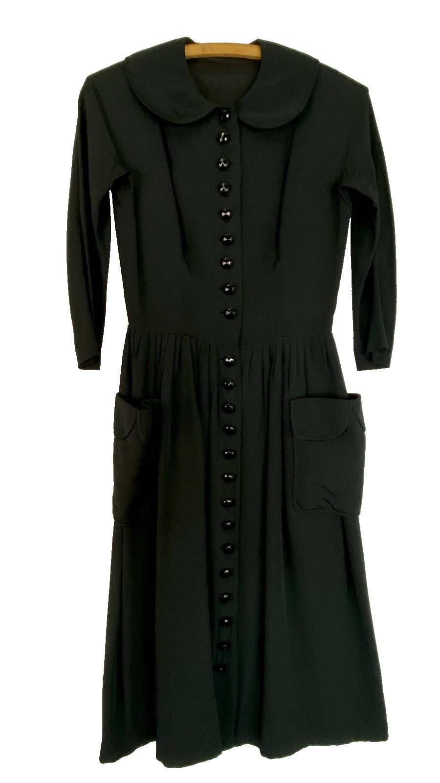 Vintage 1950s black midi dress XS S 3/4 sleeve button front pockets collar shift