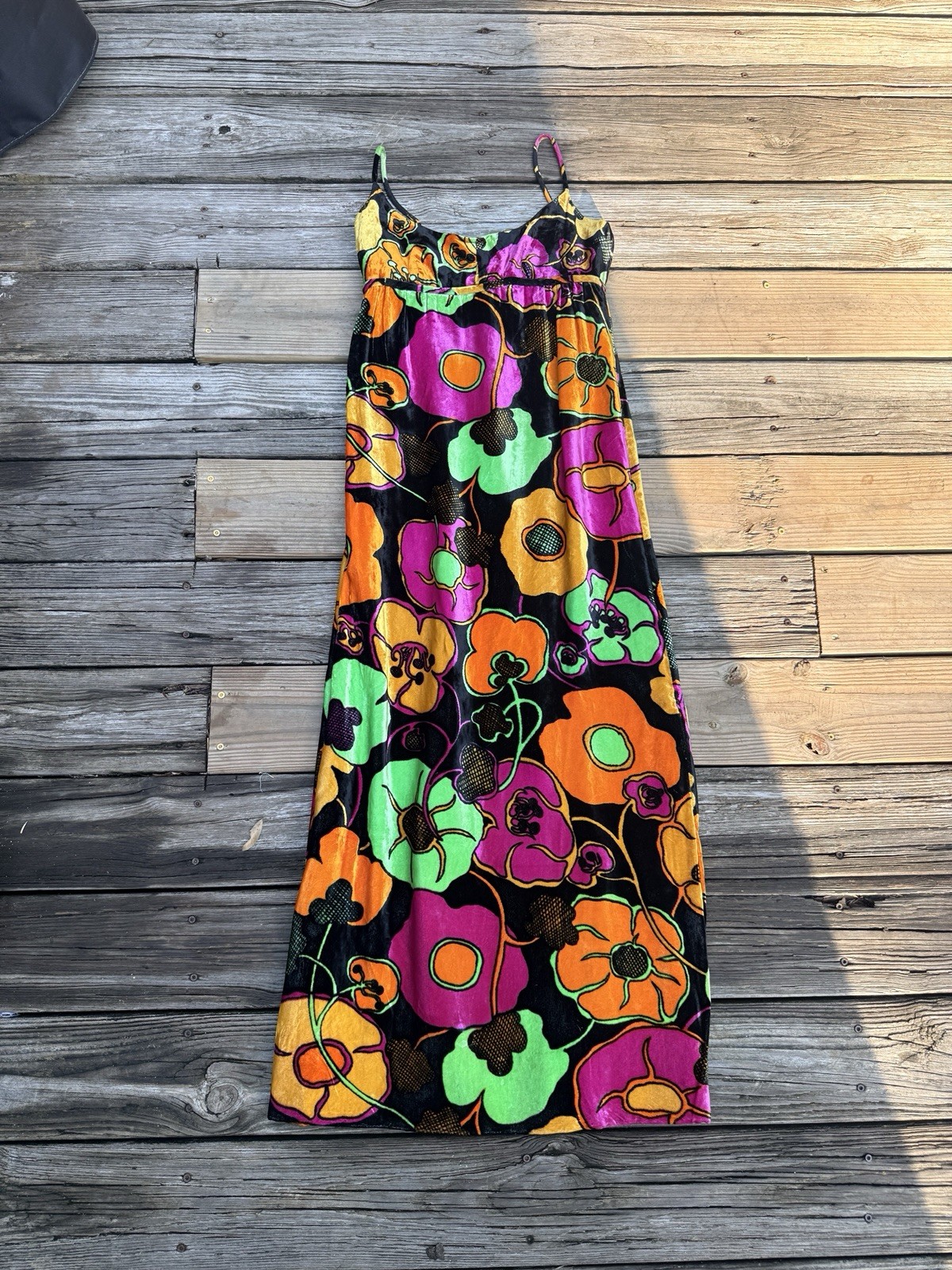 Vintage 1960s Mia Boutique Bright Floral Velvet Maxi Dress