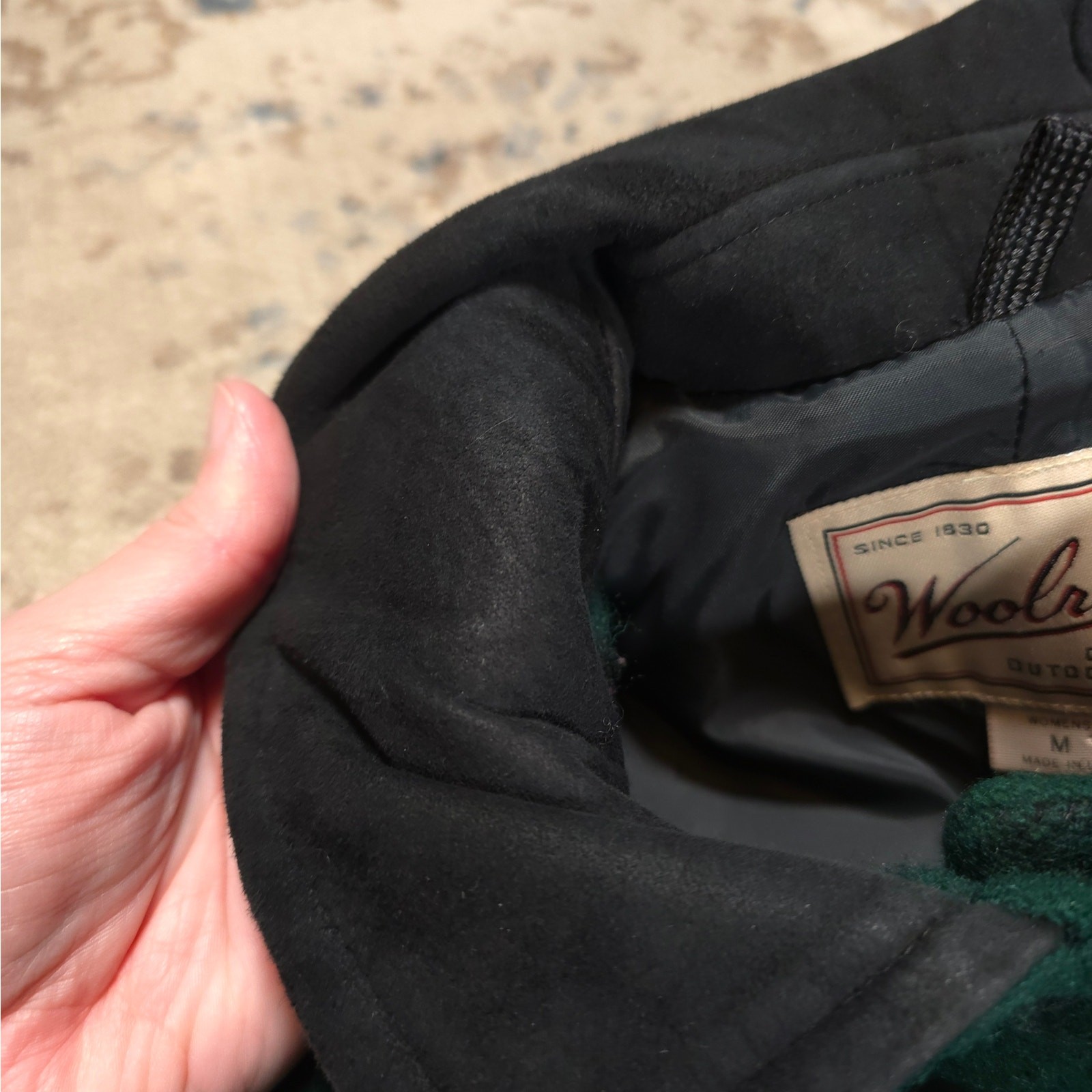 Vintage Woolrich Gree/Black Plaid Trench Coat Wool/Leather Women Size M USA