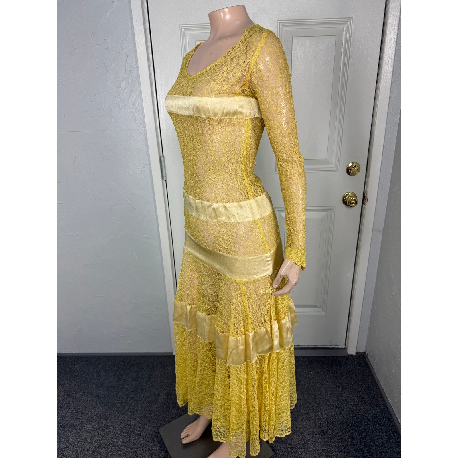 Vintage 1930s Silk Lace Dress Floral Sheer Maxi Long Sleeve Tiered Pullover N21