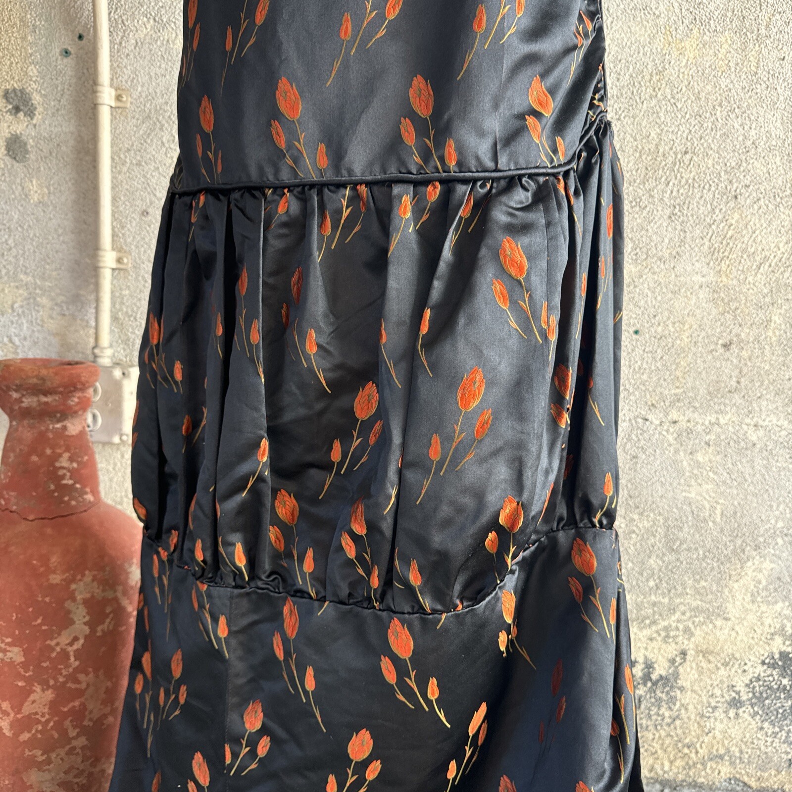 Antique 1920s Orange Tulip Silk Brocade Dress 1890s Fabric Full Length Vintage