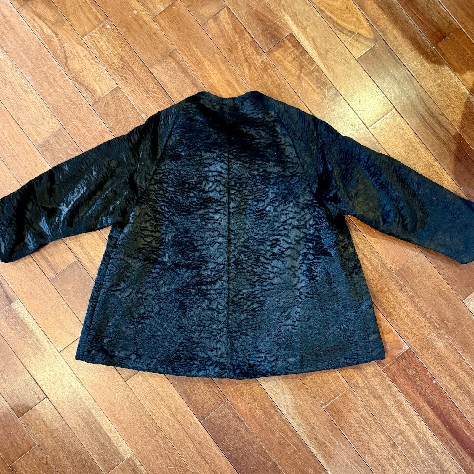 VTG 1950s Curly Persian Astrakhan Faux Lambs Wool Black Swing Coat Women Sz M