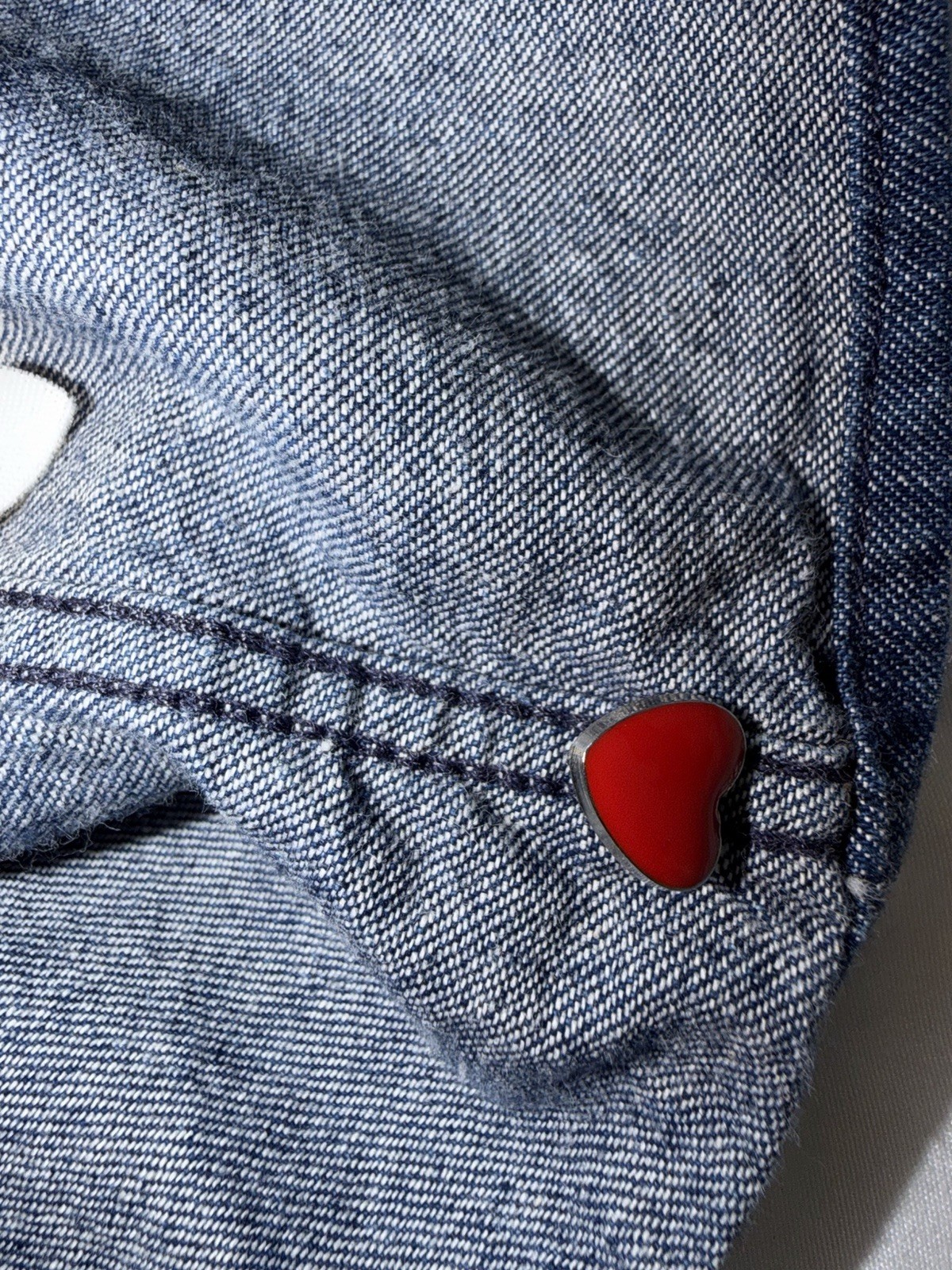 VTG 90s Franco Moschino Jeans Iconic Backwards Heart Peace Signs Denim Shirt MED