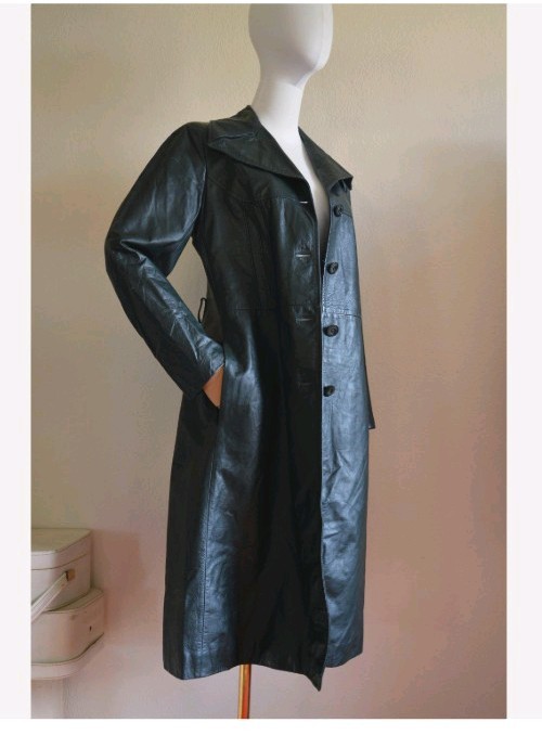 Vintage 1970s forest green Leather Trench Coat dark green 70s boho long retro S