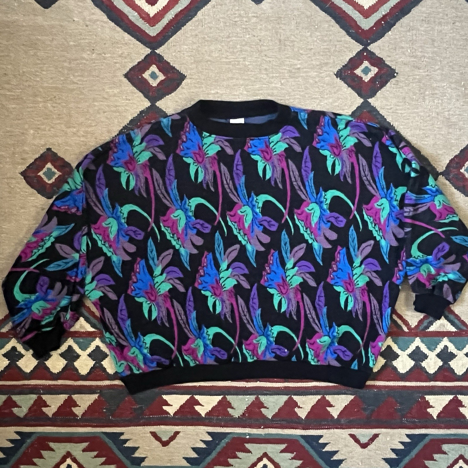 Vintage 80s Floral Dolman Batwing Sweater Women’s XL Acrylic Pullover