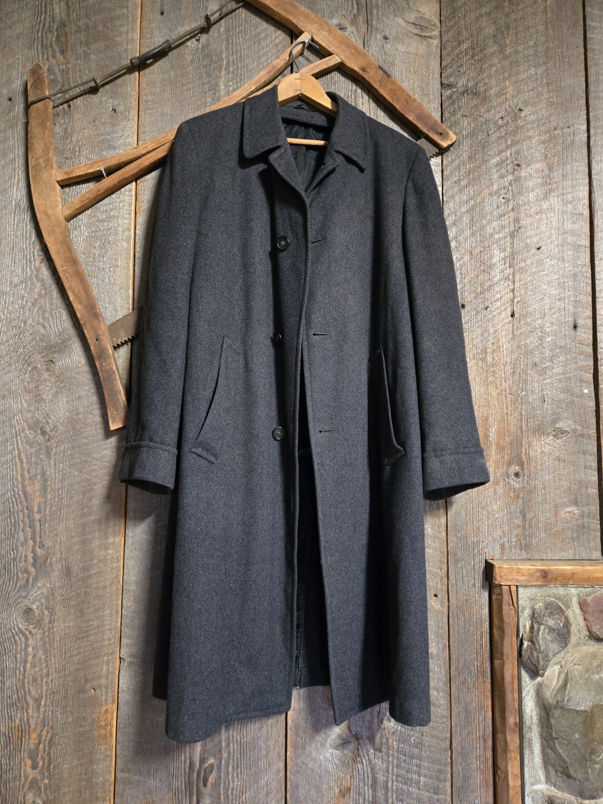 Vintage 40s/50s/60s Scottish Wool Herringbone Tweed Trench Coat M Charcoal Gray