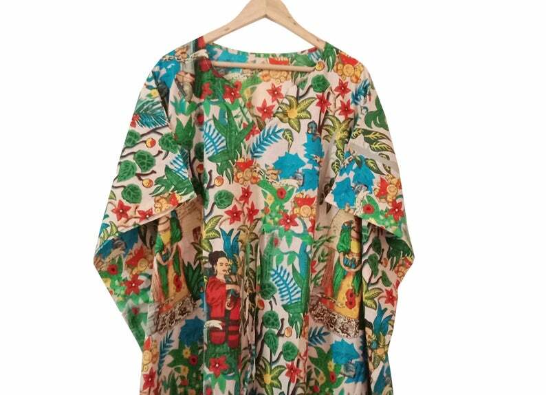 Frida Kahlo Long Cotton Kaftan, Organic kaftan, Beach wear Dress, Sleepwear