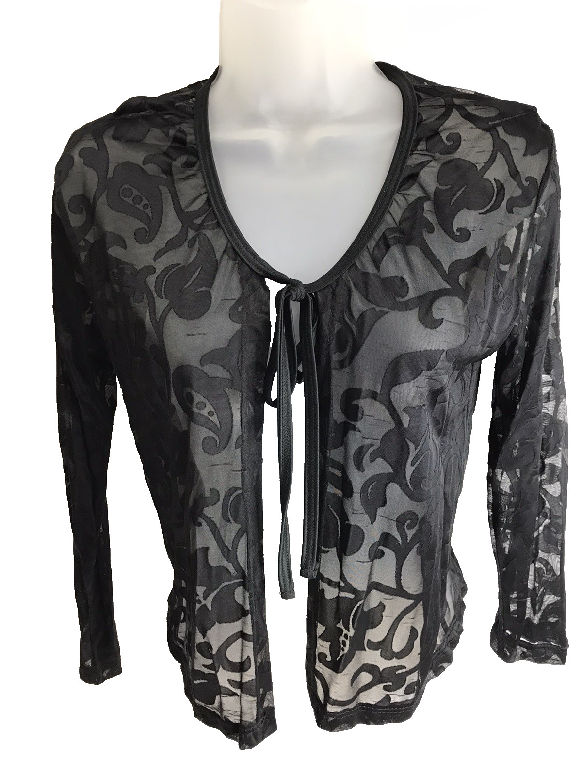 Espresso Top Floral Sheer Burnout Black Boho Vtg 90s Y2K fairycore S Shrug USA