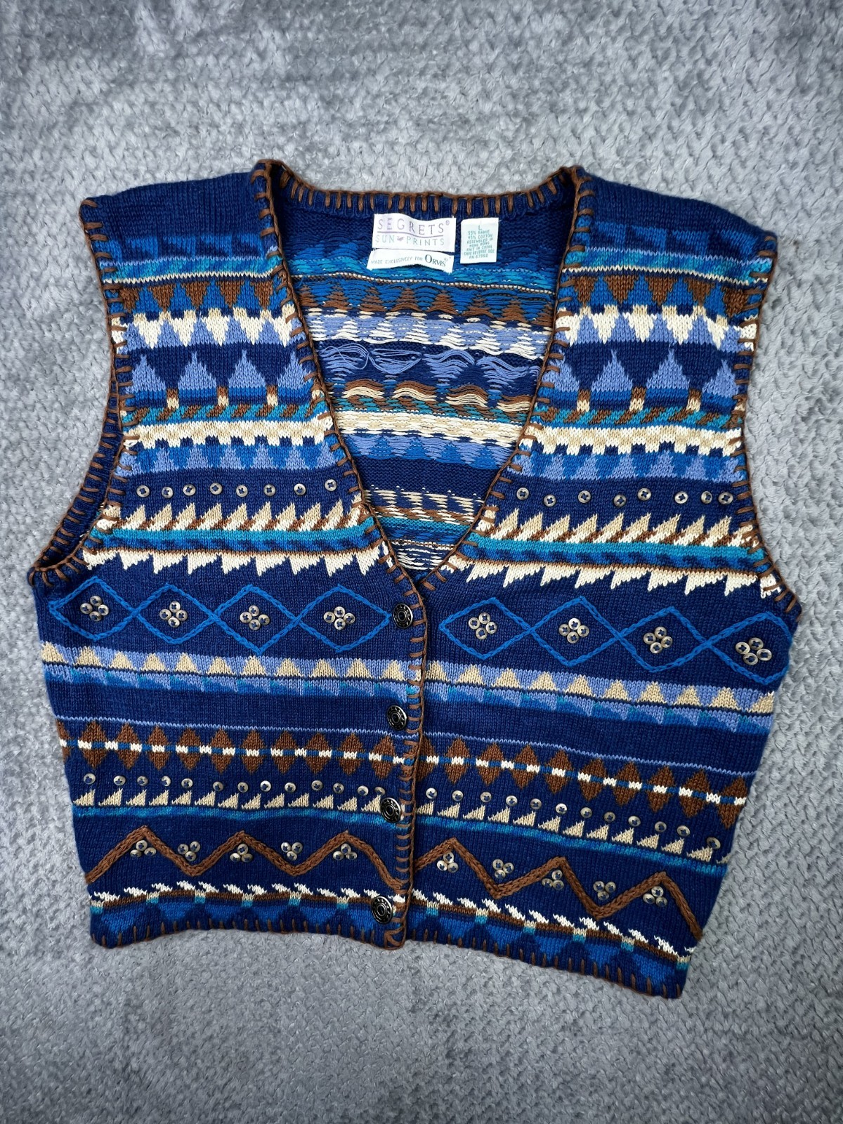 Orvis Segrets Sun Prints Large Cottagecore Knit Vest Vintage Boho Western Granny