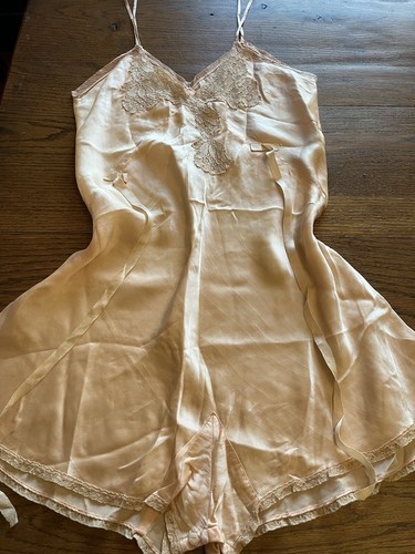 Antique 1910s 1920s Pink Silk Romper Teddy Jumpsuit Lace Button Crotch Vintage