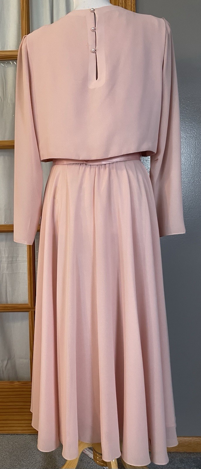 70s Cowl Neck Formal Evening Dress L Embellished Belt Faux Pearl Elegant Classic